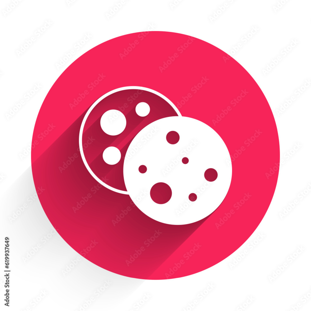 White Cookie or biscuit with chocolate icon isolated with long shadow background. Red circle button. Vector White Cookie or biscuit with chocolate icon isolated with long shadow background. Red circle button. Vector
