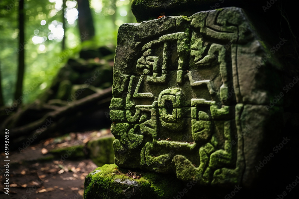 Enigmatic symbols carved into a stone wall, moss - covered, ambient lighting, invoking ancient civilizations Enigmatic symbols carved into a stone wall, moss - covered, ambient lighting, invoking ancient civilizations