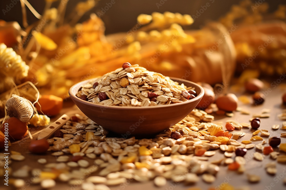 Healthy eating with whole grains flake. Wellness diet nutrient-rich, close-up photography. Generative AI Healthy eating with whole grains flake. Wellness diet nutrient-rich, close-up photography. Generative AI