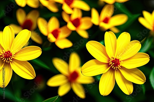 A bunch of yellow flowers with green leaves.created with Generative AI technology
