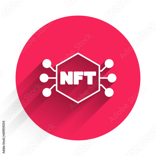 White NFT Digital crypto art icon isolated with long shadow background. Non fungible token. Red circle button. Vector