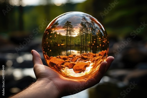 Crystal ball with forest and sunset in the background. Concept of nature
