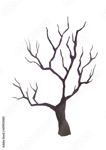 Solitary tree with bare trunk  without leaves. hand drawn Old bare withered dry tree isolated on transparent background for postcard  festive poster  party invitations of holiday evil spirit Halloween