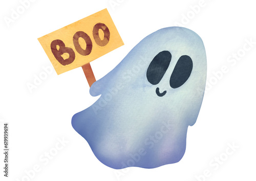 cute Ghost clipart on transparent background. Childish Watercolor hand drawn illustration for holiday cards, invitations to happy Halloween party. Kind funny ghost with frightening sign BOO