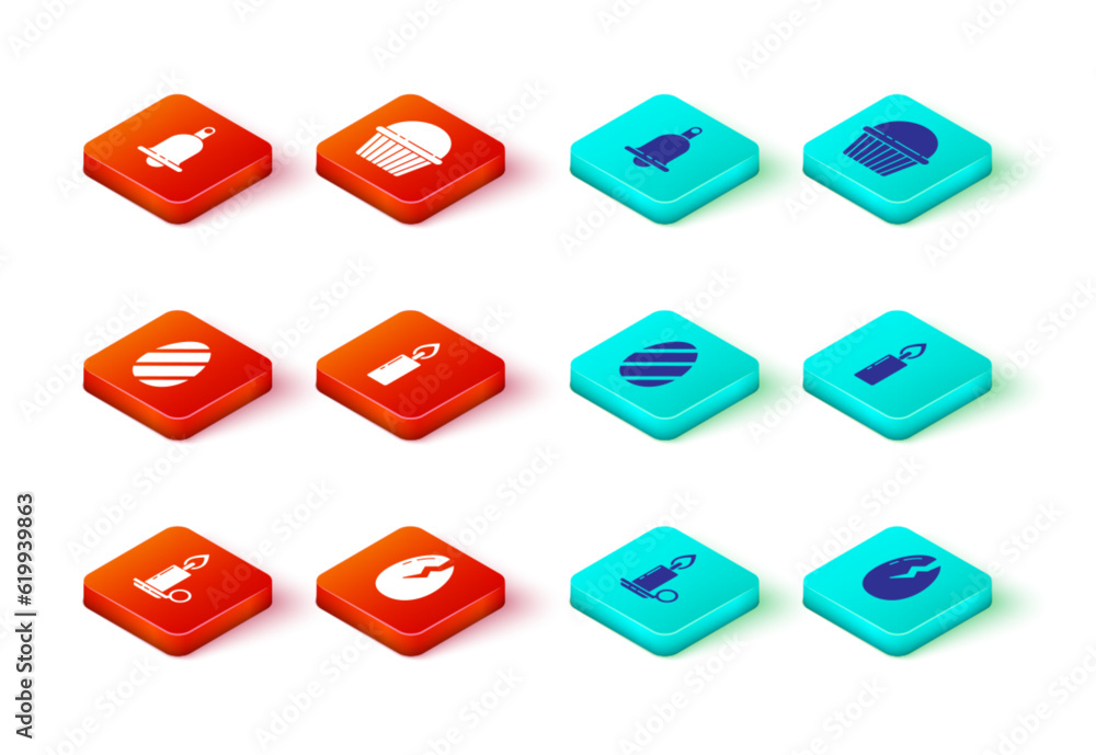 Set Burning candle in candlestick, Broken egg, Easter, cake and Ringing bell icon. Vector Set Burning candle in candlestick, Broken egg, Easter, cake and Ringing bell icon. Vector