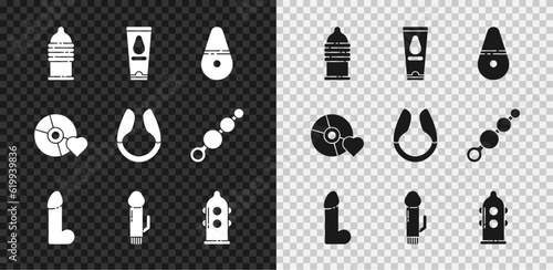 Set Condom safe sex, Personal lubricant, Dildo vibrator, Adult label compact disc and icon. Vector