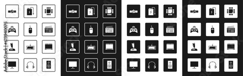 Set Processor with microcircuits CPU, Computer mouse, Wireless gamepad, Smartwatch, Radio antenna, Power bank charge cable, Laptop and Joystick for arcade machine icon. Vector