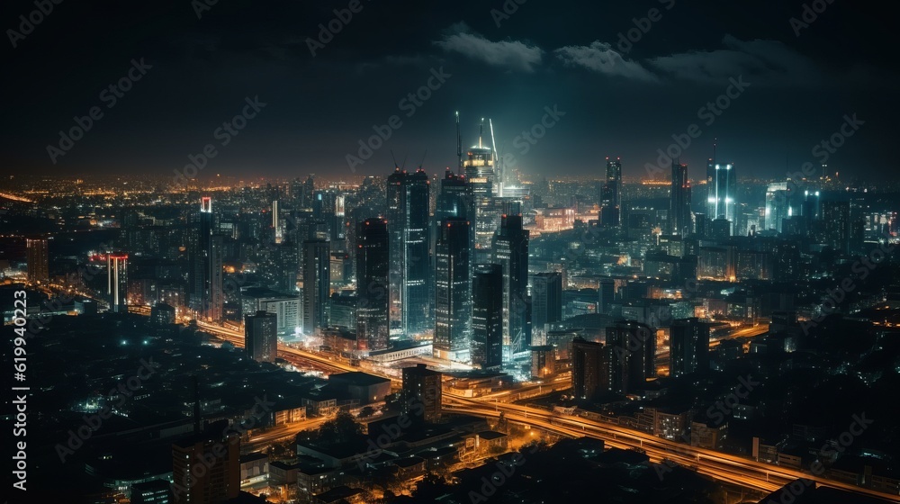 Twilight Over Metropolitan Heights: Glowing Cityscape Paints Enchanting EImmersive Gaming Experience: Unleash Your Adventure with Next-Gen Grvening Skyline of Busy Urban Hub, generative AIAI Generated