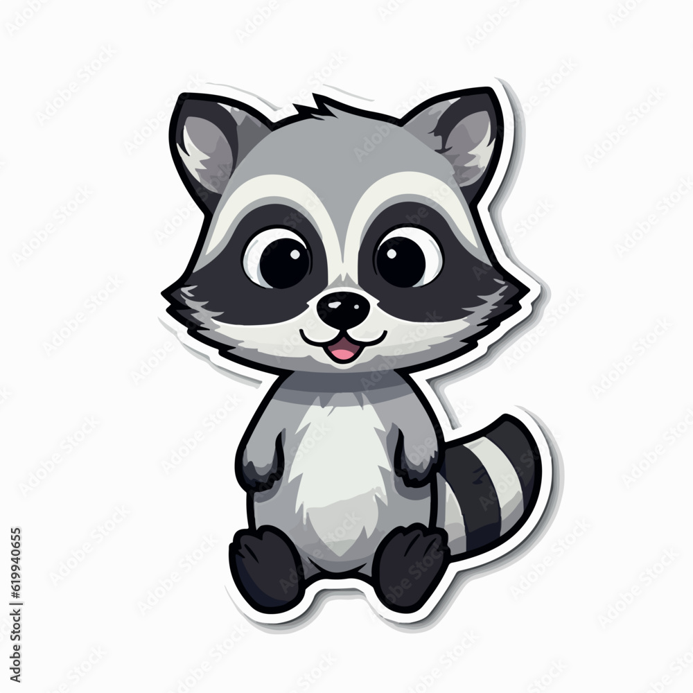 Cute cartoon, doodle raccoon. Emotion little raccoon. Animal character design. Flat vector illustration isolated in logo, icon style.
