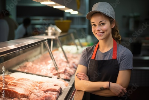 Attractive smiling butcher shop employee looking at the camera 