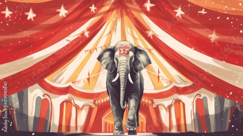An elephant stands in a circus tent. (Illustration, Generative AI)