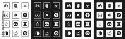 Set Diamond, Sun, Ancient magic book, Magic stone, Neptune planet, runes, scroll and Burning candle icon. Vector