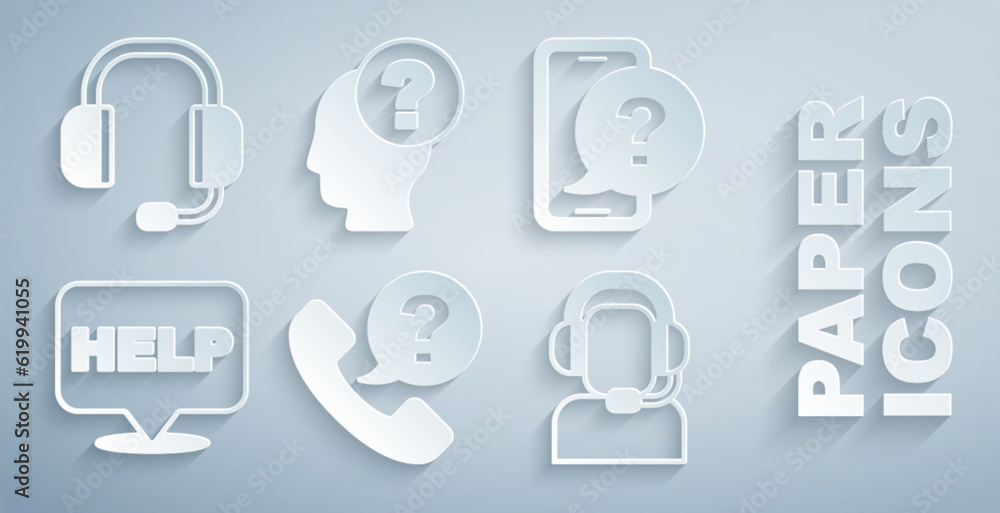 Set Telephone 24 hours support, Speech bubble with text Help, Man a headset, Head question mark and Headphones icon. Vector Set Telephone 24 hours support, Speech bubble with text Help, Man a headset, Head question mark and Headphones icon. Vector