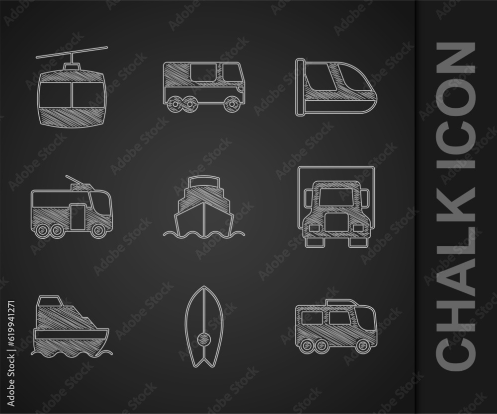 Set Cruise ship, Surfboard, Bus, Delivery cargo truck, Trolleybus, Train and railway and Cable icon. Vector Set Cruise ship, Surfboard, Bus, Delivery cargo truck, Trolleybus, Train and railway and Cable icon. Vector