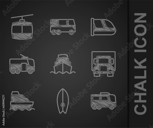 Set Cruise ship, Surfboard, Bus, Delivery cargo truck, Trolleybus, Train and railway and Cable icon. Vector