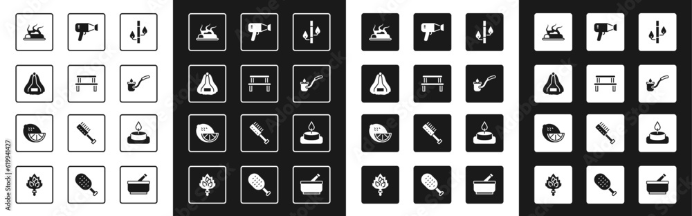 Set Bamboo, Sauna wood bench, hat, Campfire, ladle, Hair dryer, Aroma candle and Lemon icon. Vector Set Bamboo, Sauna wood bench, hat, Campfire, ladle, Hair dryer, Aroma candle and Lemon icon. Vector