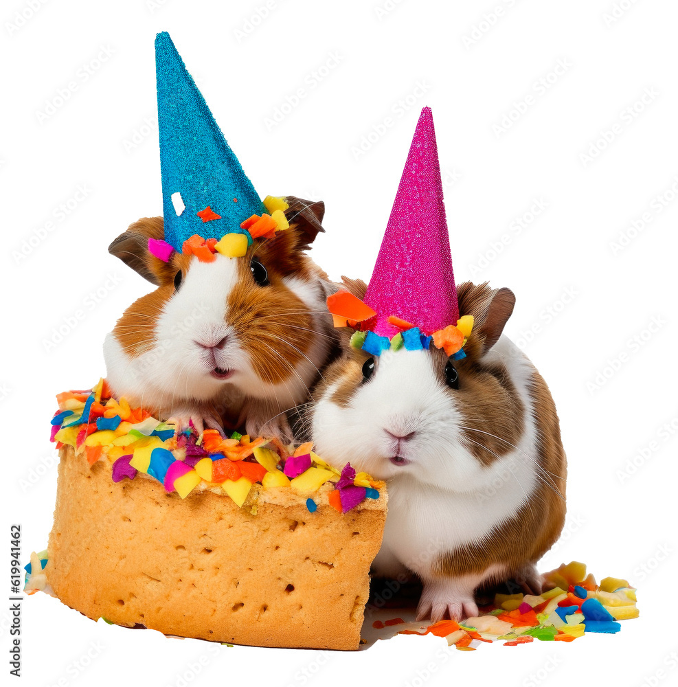 Fluffy Guinea Pigs With A Party Hat Sitting On A Birthday Cake Cute 