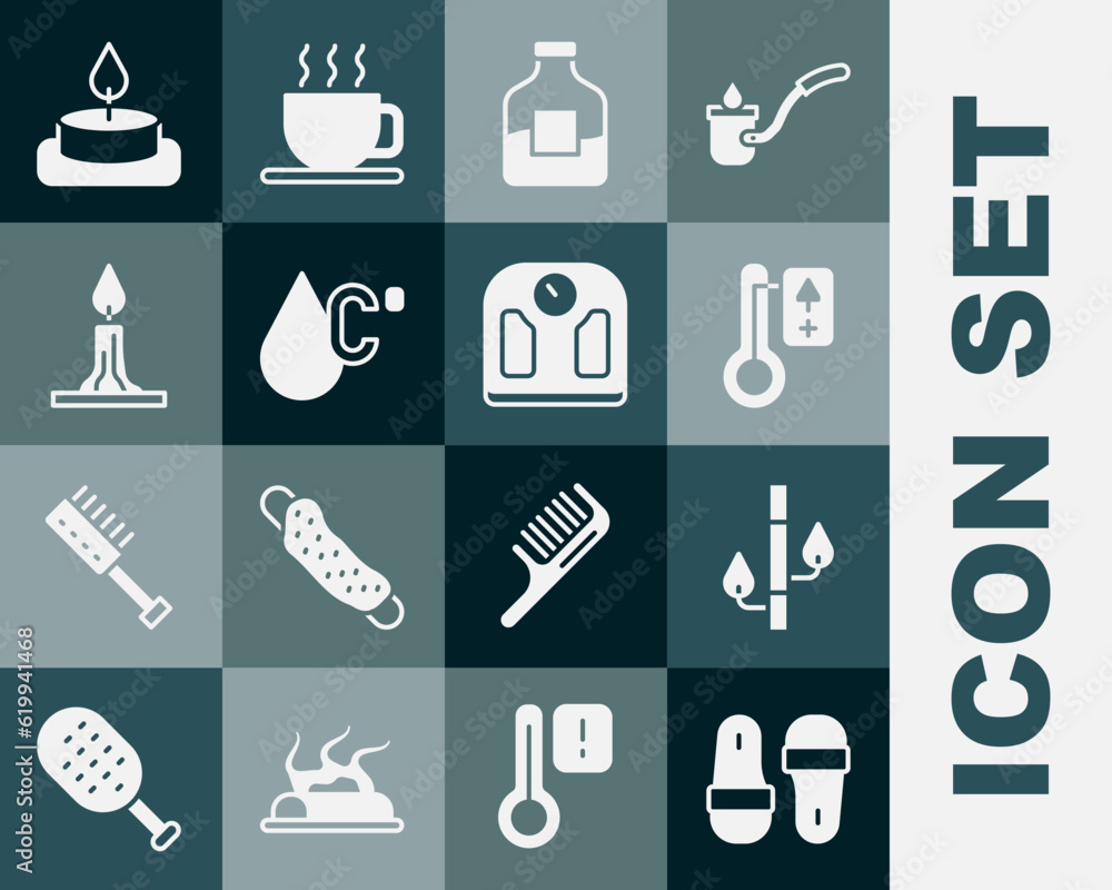 Set Sauna slippers, Bamboo, thermometer, Bottle of vodka, Water temperature, Burning candle, Aroma and Bathroom scales icon. Vector Set Sauna slippers, Bamboo, thermometer, Bottle of vodka, Water temperature, Burning candle, Aroma and Bathroom scales icon. Vector