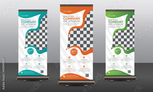 Roll up banner set design, advertisement roll up banner template, Roll up banner stand template design, Blue banner layout, advertisement, pull up.