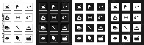 Set Bamboo, Sauna wood bench, hat, Campfire, ladle, Hair dryer, Aroma candle and Lemon icon. Vector