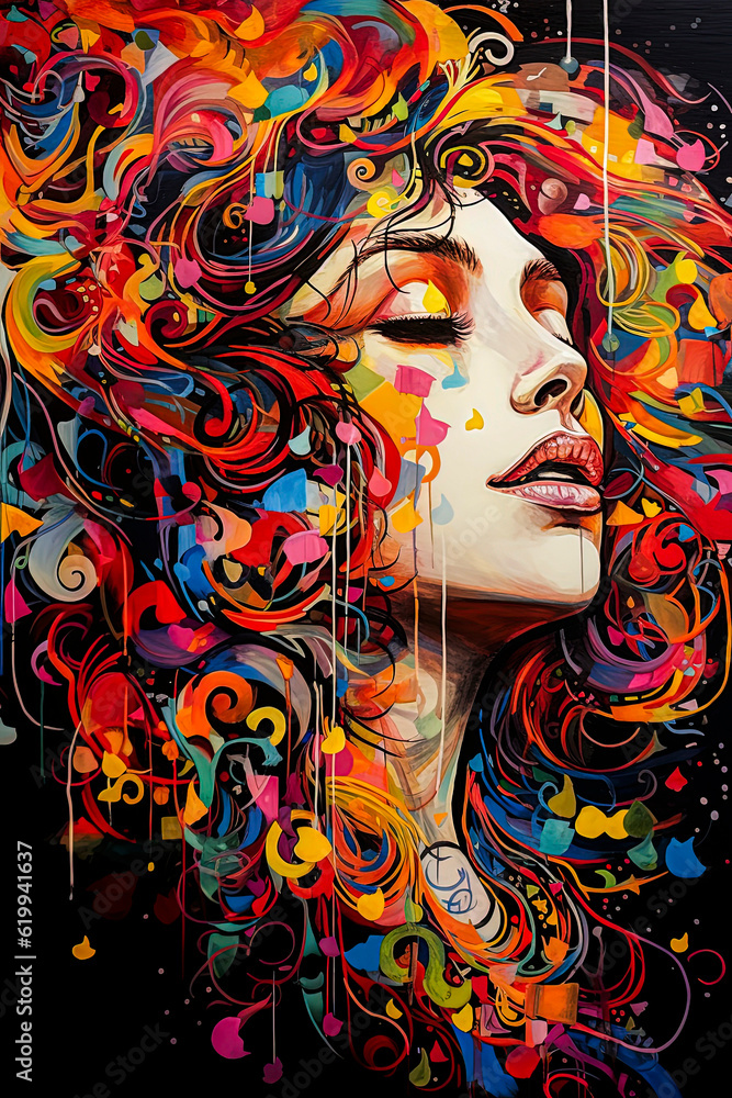 Generative AI illustration of Caucasian girl face surrounded by color in abstract illustration style. Generative AI illustration of Caucasian girl face surrounded by color in abstract illustration style.