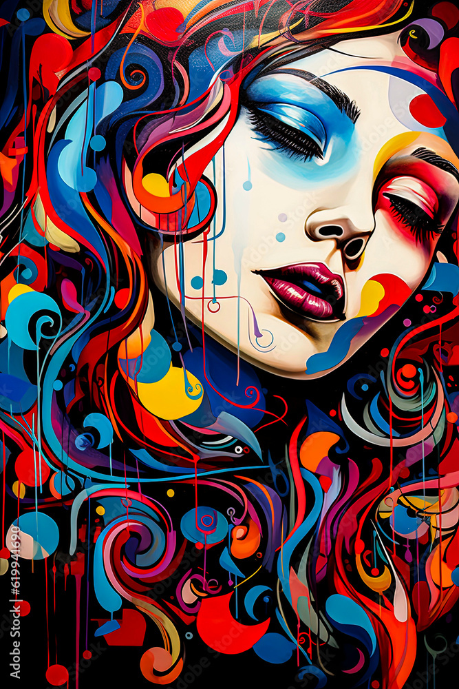 Generative AI illustration of Caucasian girl face surrounded by color in abstract illustration style.