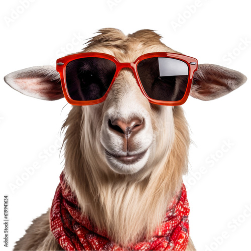 cool goat wearing red sunglasses, isolated on a transparant background, funny animals, clipart cutout scrapbook