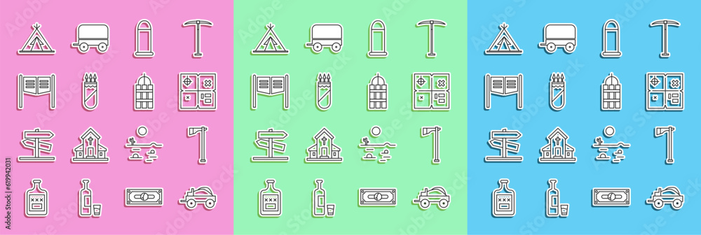 Set line Wild west covered wagon, Tomahawk axe, Treasure map, Bullet, Quiver with arrows, Saloon door, Indian teepee wigwam and Detonate dynamite bomb stick icon. Vector Set line Wild west covered wagon, Tomahawk axe, Treasure map, Bullet, Quiver with arrows, Saloon door, Indian teepee wigwam and Detonate dynamite bomb stick icon. Vector