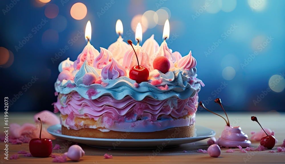 Birthday cake with candles on blue background. Stock Photo | Adobe Stock