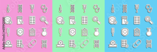 Set line DNA symbol, Test tube and flask, Magnifying glass for search medical, Crutch crutches, Medicine bottle pills, Shield heart rate, Syringe and Pills blister pack icon. Vector