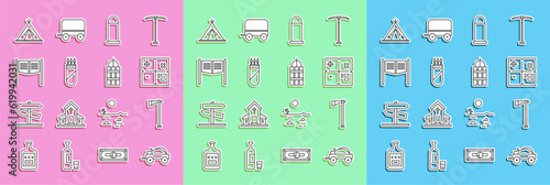 Set line Wild west covered wagon, Tomahawk axe, Treasure map, Bullet, Quiver with arrows, Saloon door, Indian teepee wigwam and Detonate dynamite bomb stick icon. Vector