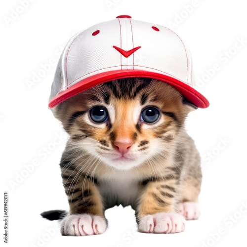 kitten with a cap, isolated on a transparant background, funny animals, clipart cutout scrapbook