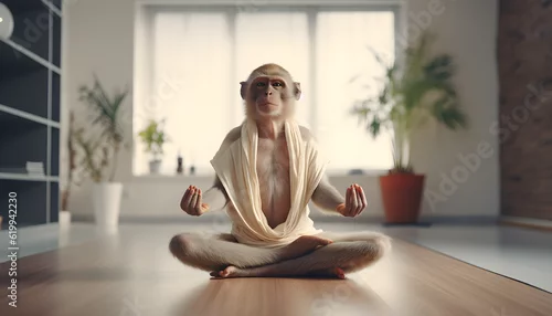Obraz A monkey dressed as a yoga instructor, demonstrating poses in a peaceful, Zen yoga studio illustration Generative AI