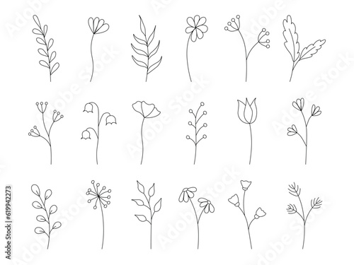 set of hand draw doodles flowers. line flower collection