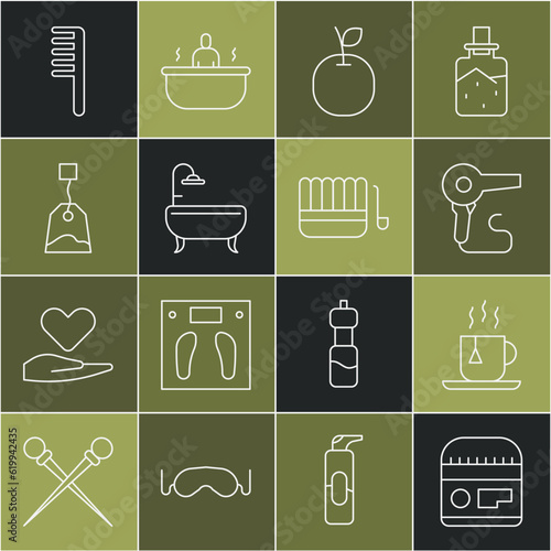 Set line Cream or lotion cosmetic tube, Cup of tea with tea bag, Hair dryer, Apple, Bathtub, Tea, Hairbrush and Sauna bucket and ladle icon. Vector