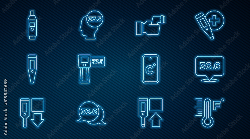 Set line Meteorology thermometer, Medical, Checking body temperature, Digital, Celsius and High human icon. Vector Set line Meteorology thermometer, Medical, Checking body temperature, Digital, Celsius and High human icon. Vector