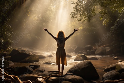 Women standing in forest holding up her arms connectiong with nature and enjoing life.  photo