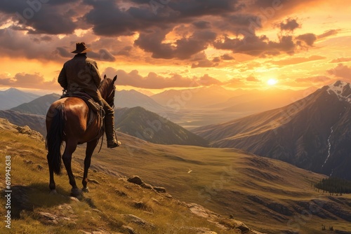 a horizontal layout, of a Cowboy on his horse, overlooking a stunning landscape at sunset, beautifully cinematic a Western-themed image in a JPG format. Generative AI © Purple Penguin GFX