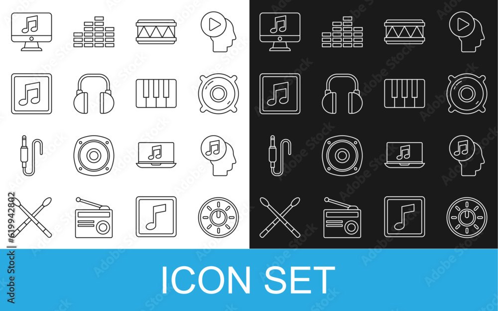Set line Dial knob level technology settings, Musical note human head, Stereo speaker, Drum, Headphones, note, tone, Computer with music and synthesizer icon. Vector Set line Dial knob level technology settings, Musical note human head, Stereo speaker, Drum, Headphones, note, tone, Computer with music and synthesizer icon. Vector