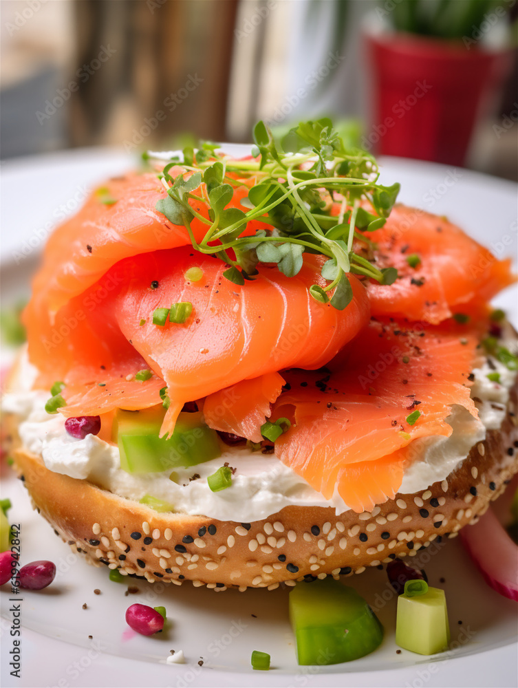 Delicious keto bagel with smoked salmon and cream cheese on a white plate. Ai generated Delicious keto bagel with smoked salmon and cream cheese on a white plate. Ai generated
