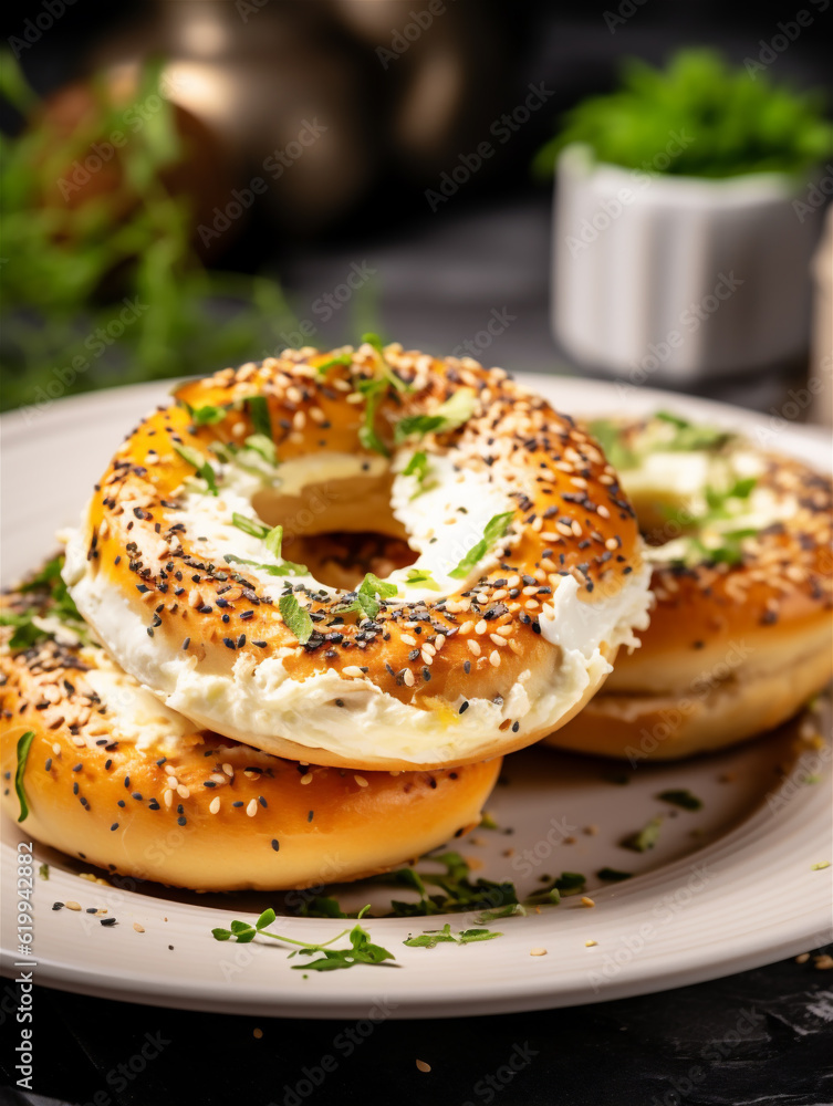 Close up of fresh bagels with cream cheese on white plate, ai generated Close up of fresh bagels with cream cheese on white plate, ai generated