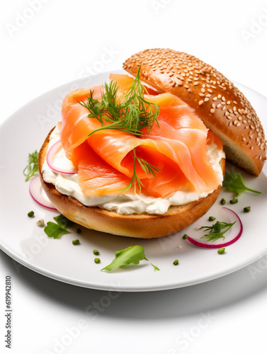 Delicious keto bagel with smoked salmon and cream cheese on a white plate. Ai generated 