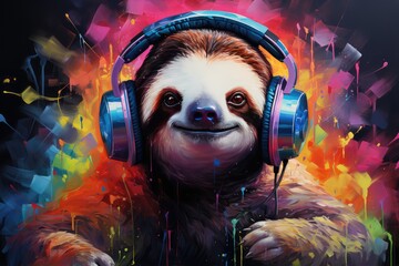 Sloth wearing vibrant headphones inviting into a world of delightful whimsy and musical charm