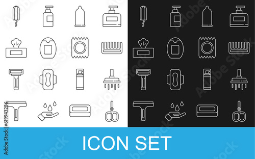 Set line Nail scissors, Shower head, Hairbrush, Condom, Bottle of shampoo, Wet wipe pack, Sanitary tampon and in package safe sex icon. Vector