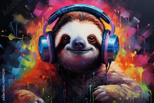 Fototapeta Sloth wearing vibrant headphones inviting into a world of delightful whimsy and