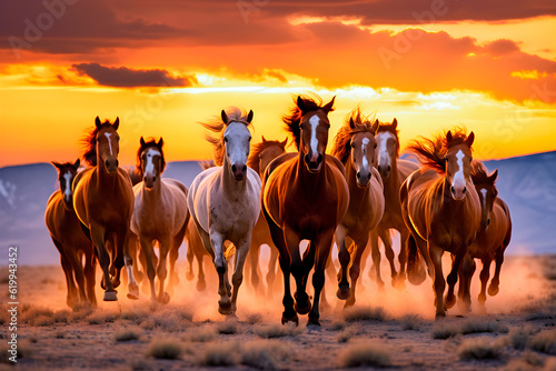 Herd of wild horses galloping at sunset. AI Generative.