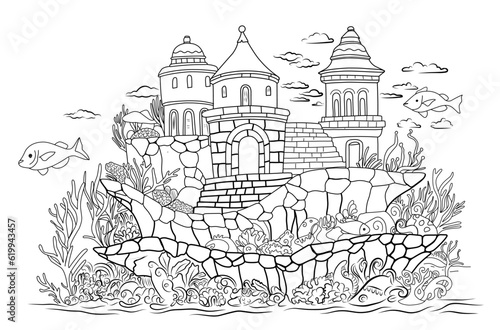 Fairytale castle by water.Underwater world.Simple line illustration for coloring book Atlantis.Coloring page.
