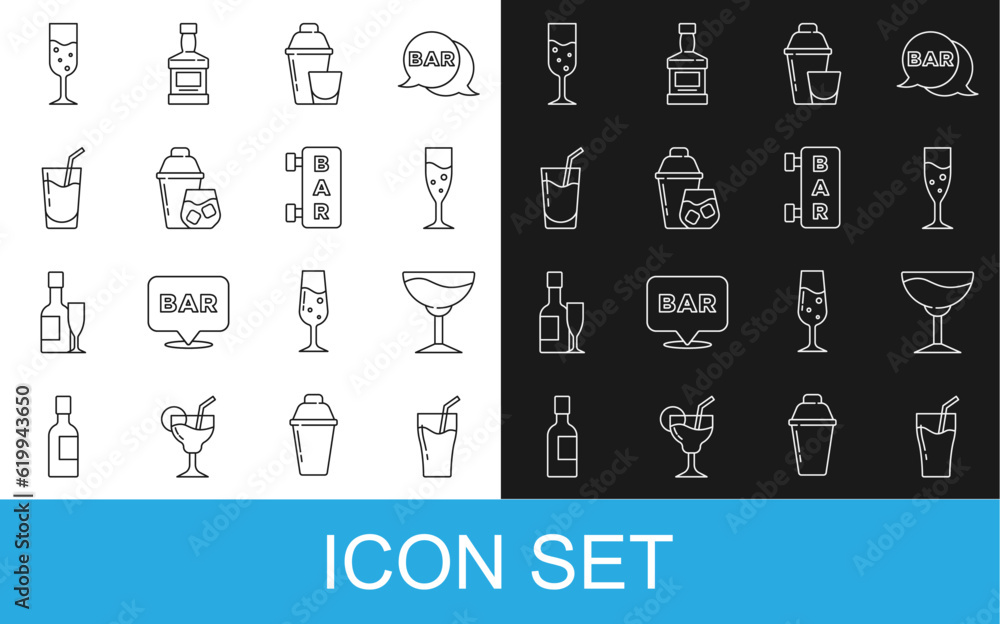 Set line Glass of juice, Wine glass, champagne, Cocktail shaker, and Street signboard with Bar icon. Vector