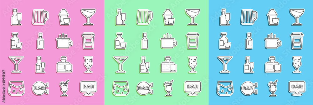 Set line Alcohol bar location, Glass of beer, Coffee cup to go, Cocktail shaker, Champagne bottle, drink Rum, Wine with glass and icon. Vector Set line Alcohol bar location, Glass of beer, Coffee cup to go, Cocktail shaker, Champagne bottle, drink Rum, Wine with glass and icon. Vector