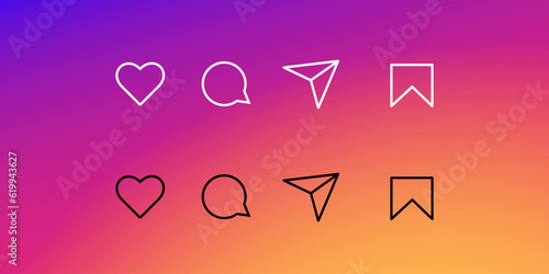 Like, comment, send, save on gradient background. Icon UI set on modern backdrop. Social media symbols in white and black colours. Social media interface icon app. Vector illustration.
